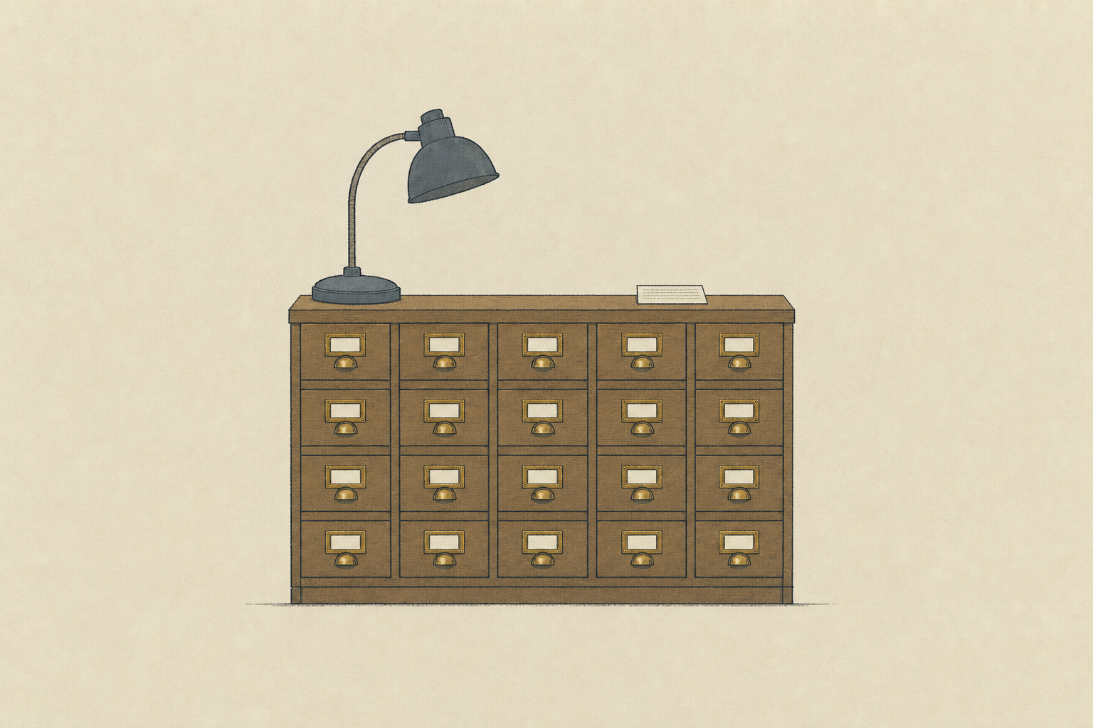 The same card catalogue, now shut, one finished card resting on top