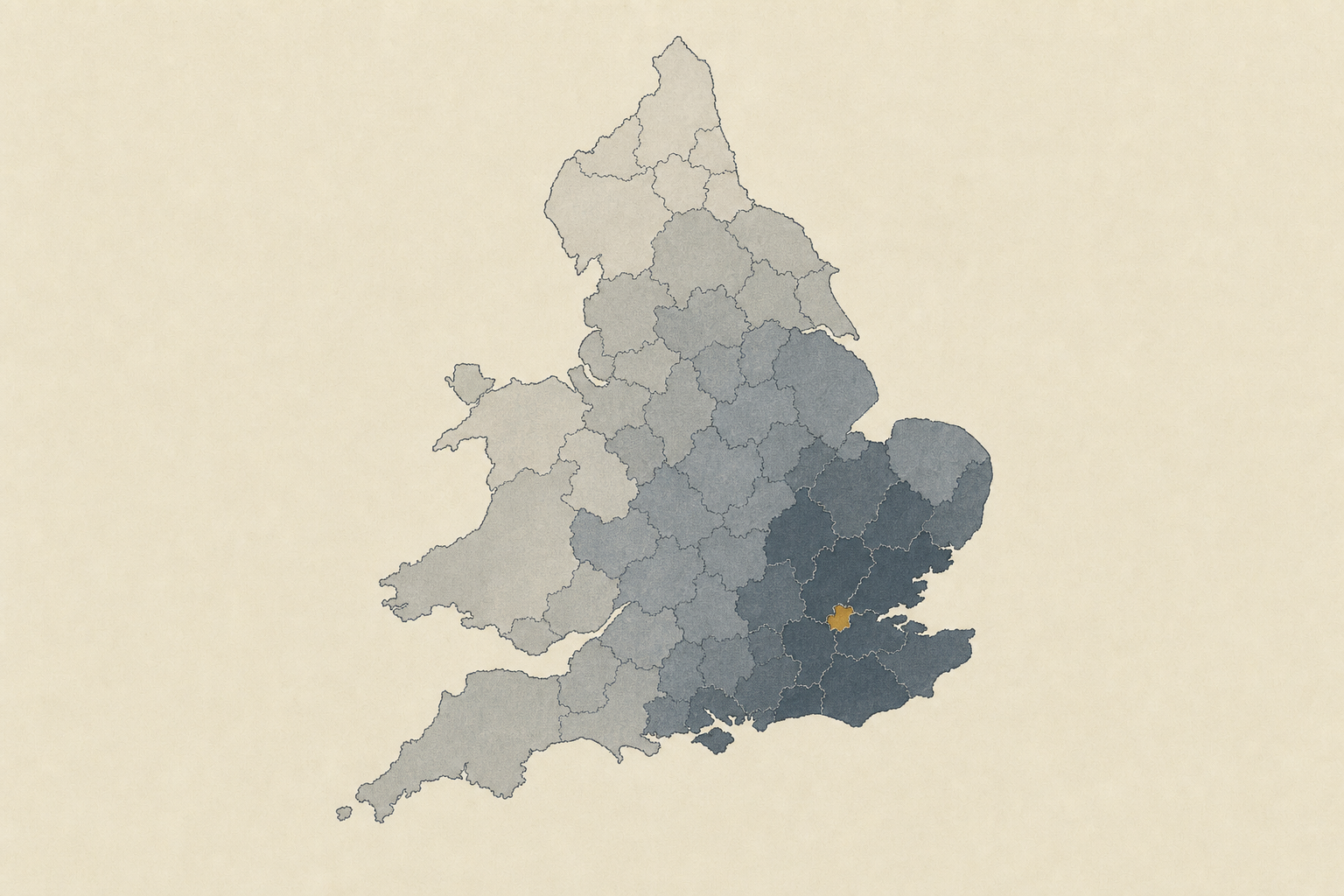 A hand-tinted choropleth of England and Wales, one postcode lit in brass