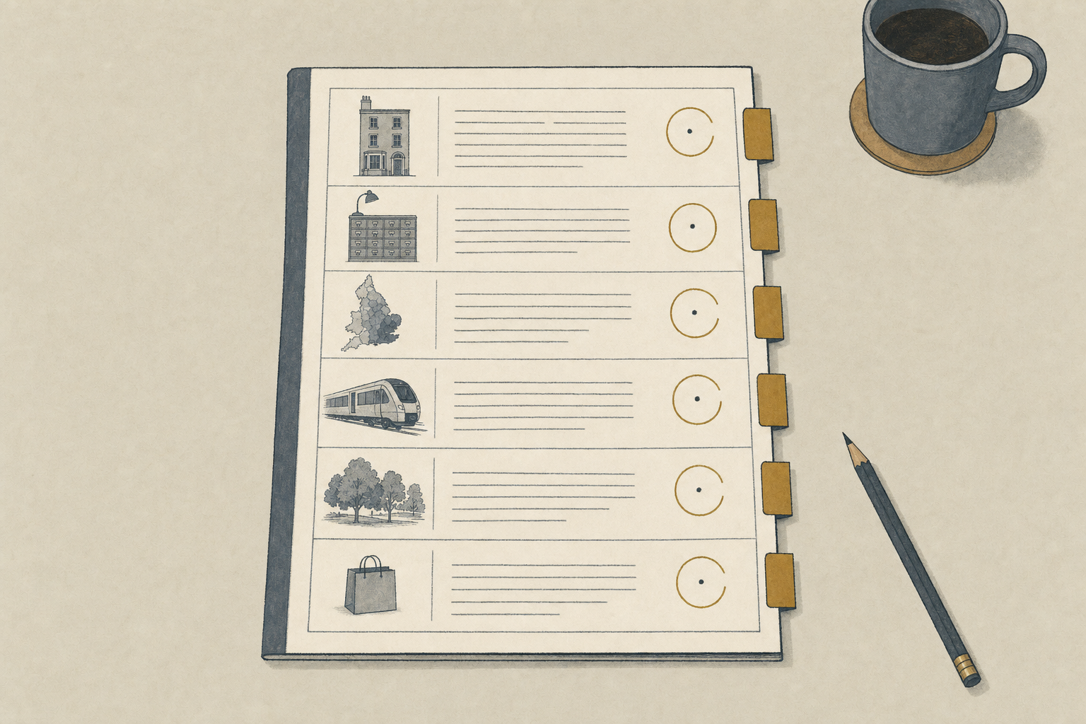 An open report sheet, six graded domain rows, brass index tabs