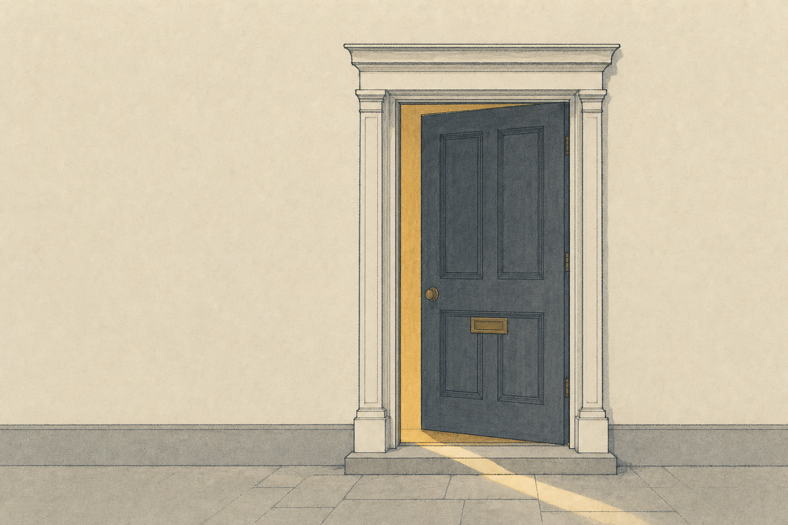 A panelled front door opened a crack, warm light spilling onto the step