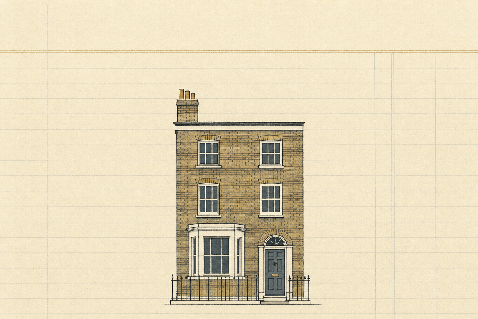 A British terraced house drawn as an elevation on ruled ledger paper