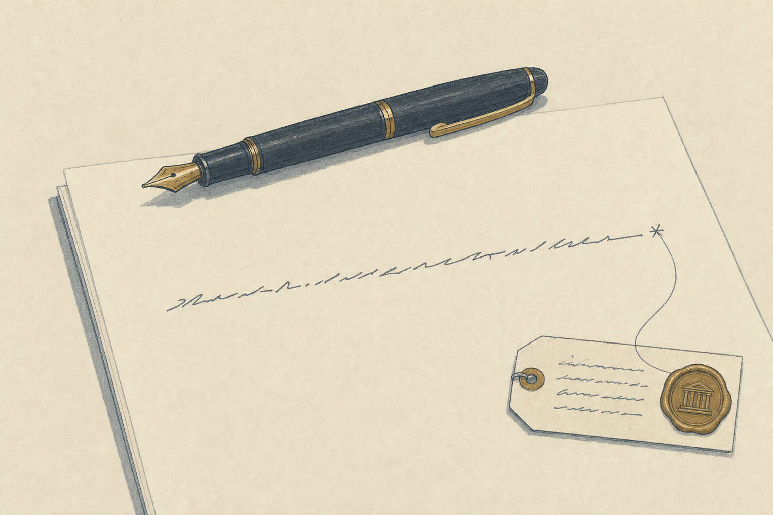 A fountain pen at rest; one written line ending in a footnote tied to a sealed source tag