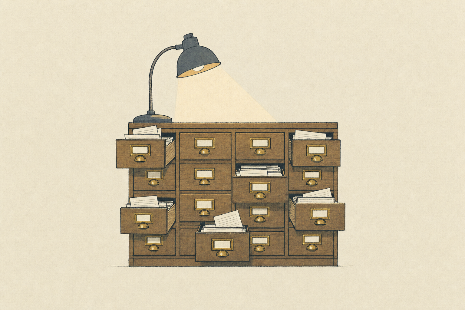 A card catalogue with a dozen drawers open at once under a desk lamp