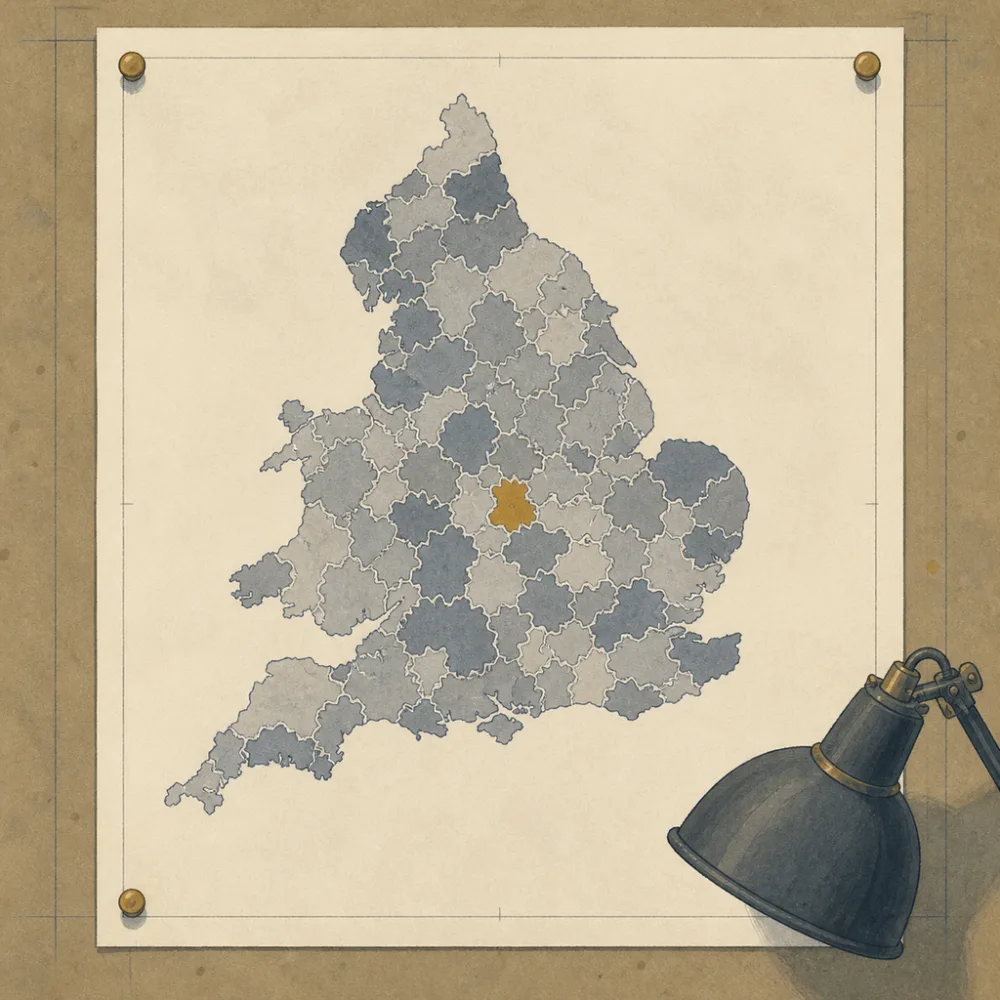 A hand-tinted map of England and Wales, one postcode district lit in brass
