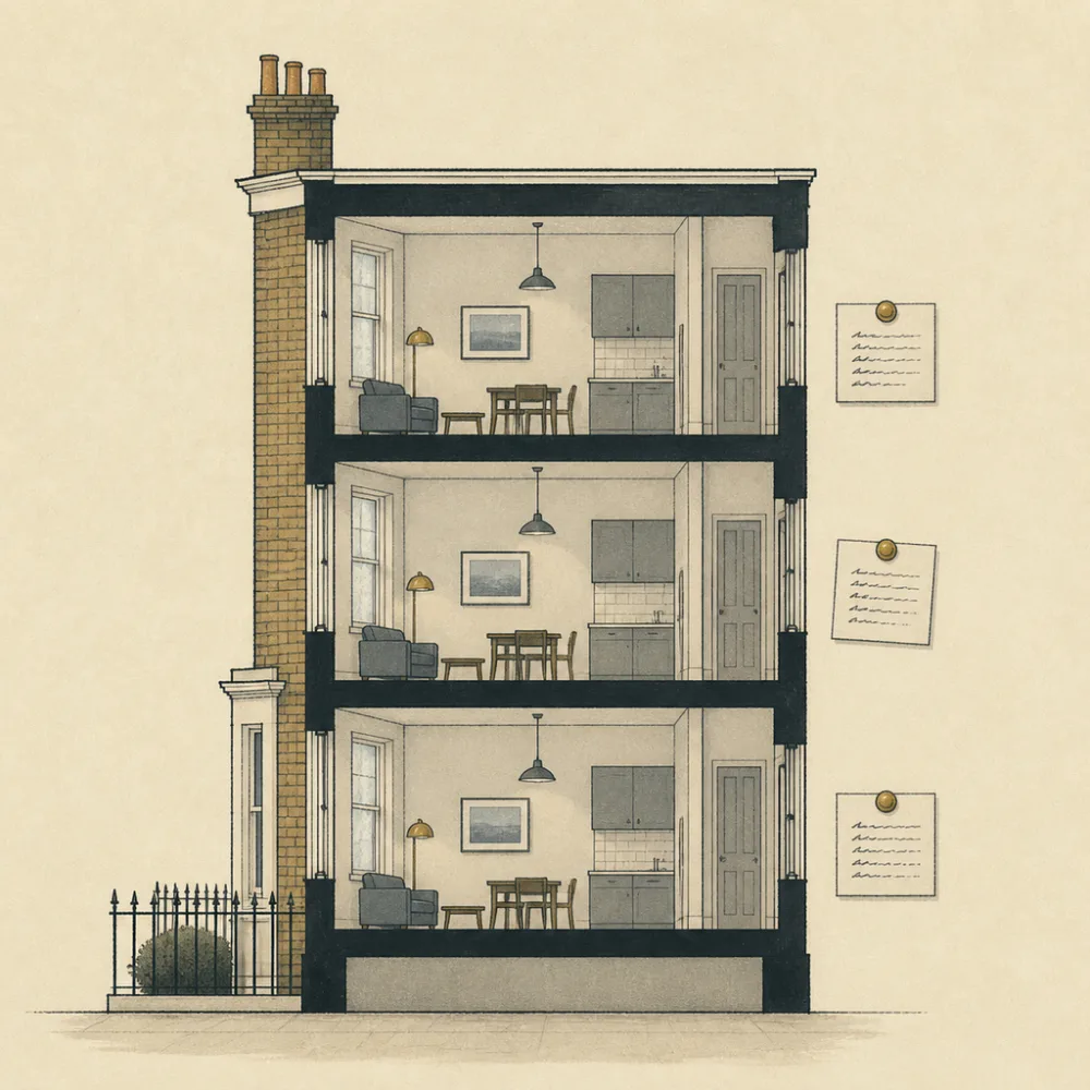 A mansion block in section, three identical flats stacked, a figure card beside each