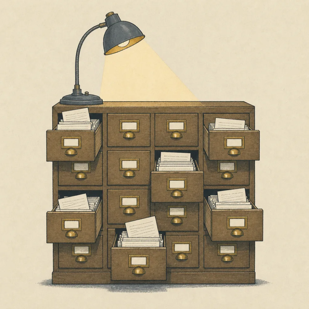 A card catalogue with a dozen drawers open at once under a desk lamp
