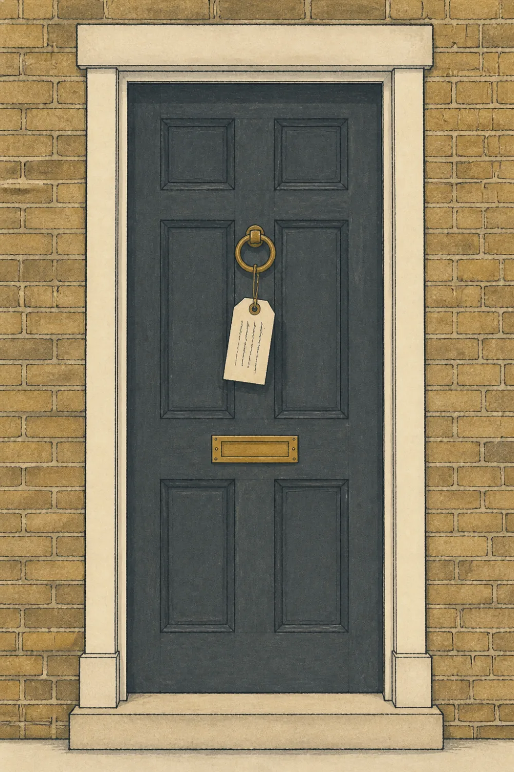 A dark panelled front door with a paper record tag hanging from the knocker