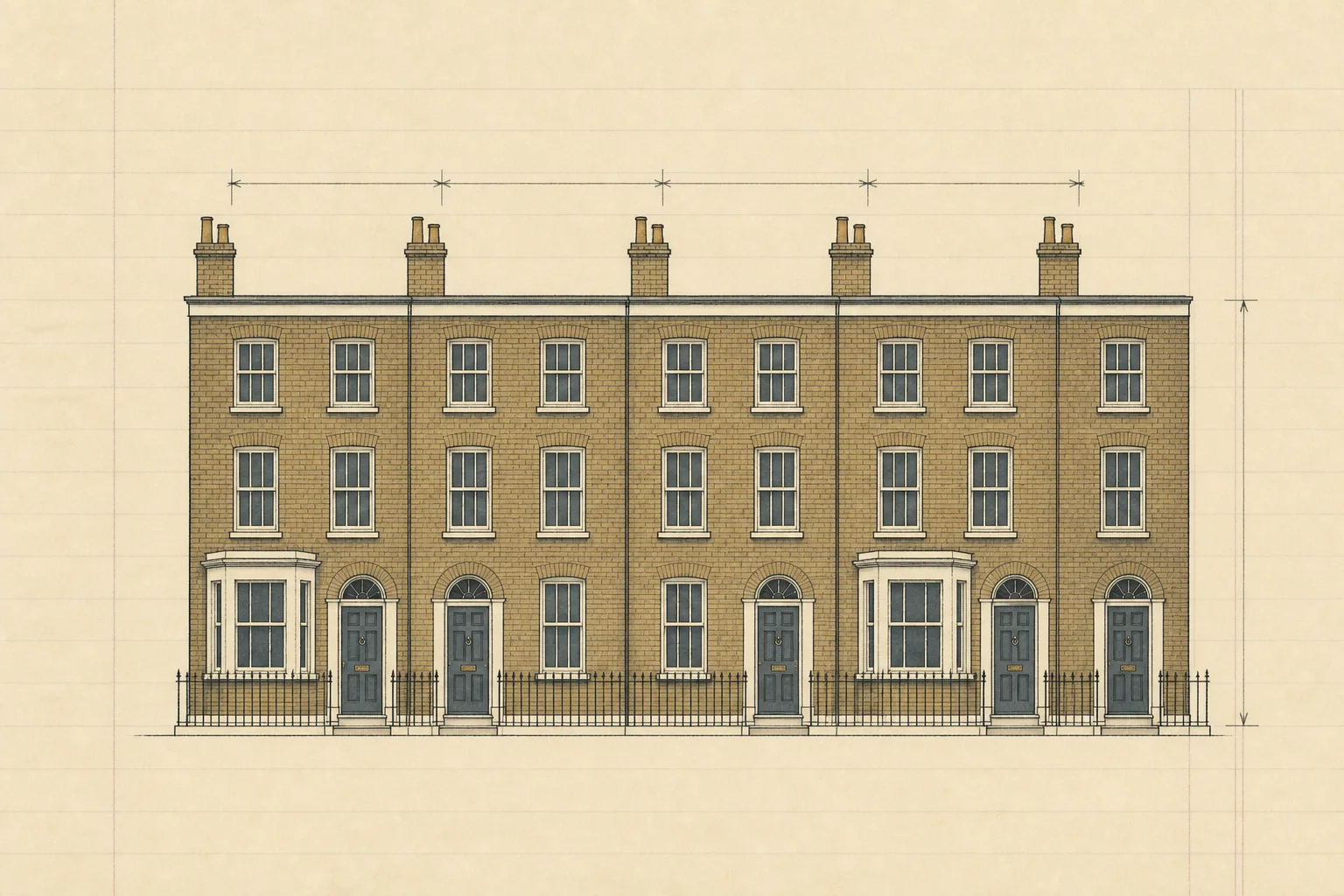 A row of five terraced houses drawn as one elevation on ruled ledger paper, with surveyor’s dimension lines