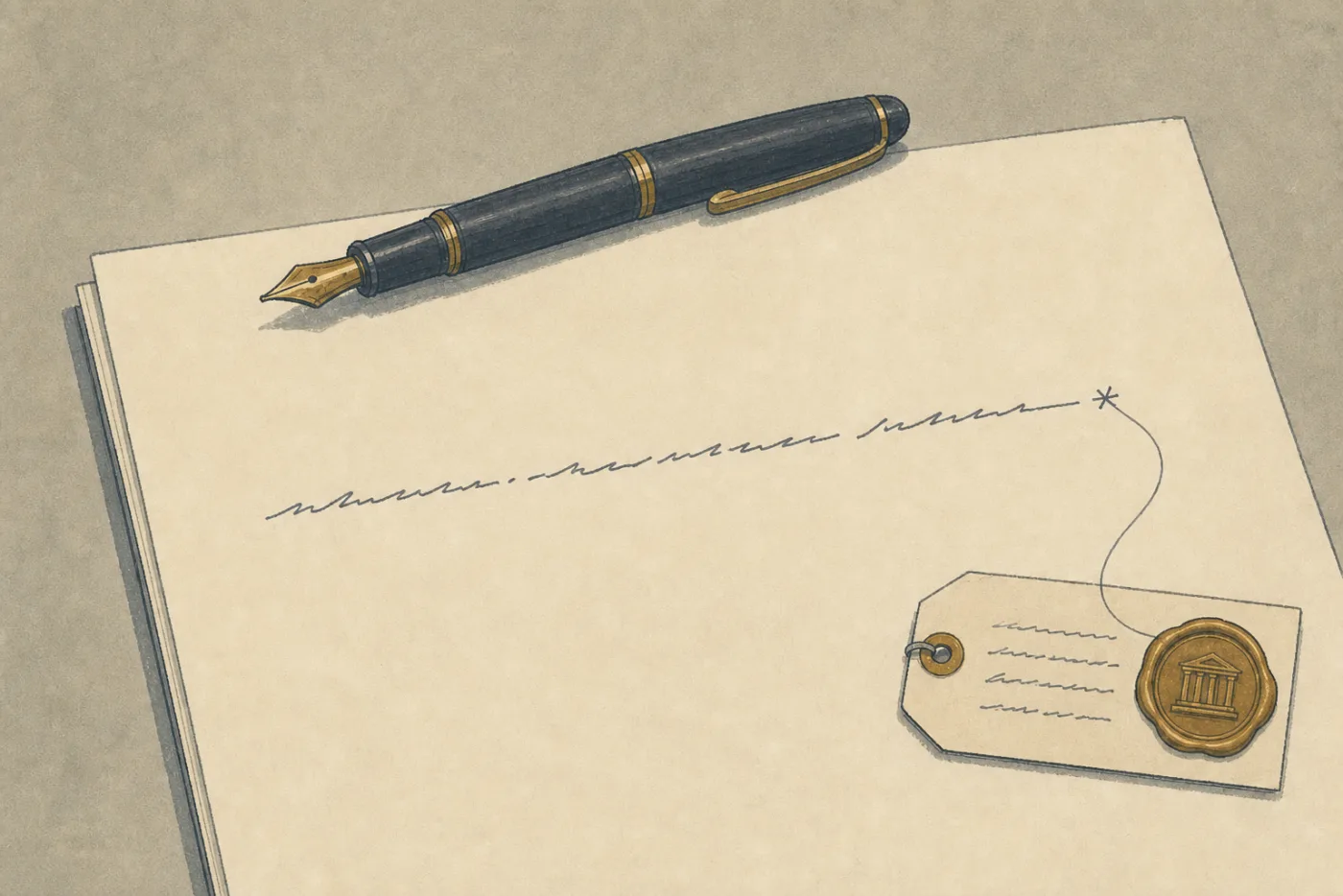 A fountain pen at rest; one written line ending in a footnote tied to a sealed source tag