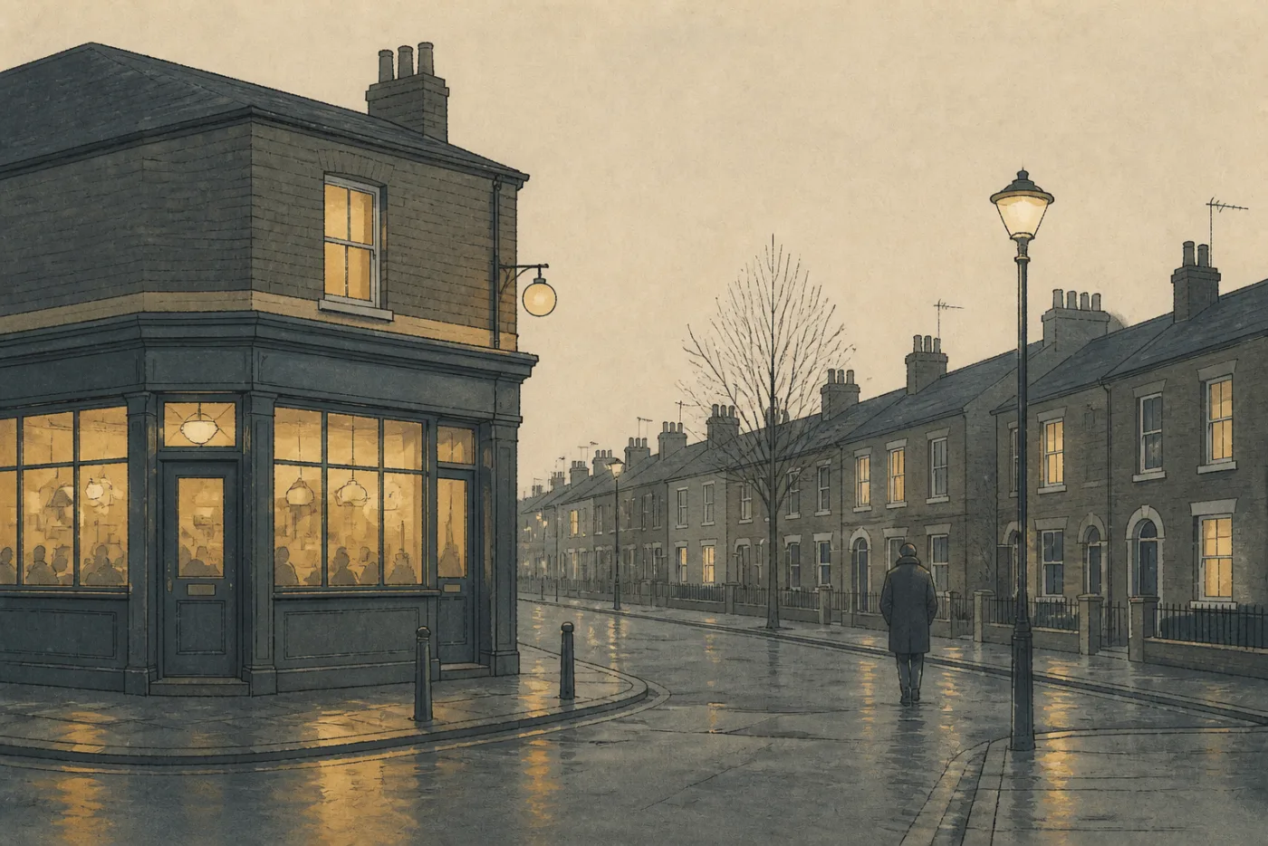 A terrace and a corner pub at night, one figure walking home on a wet pavement