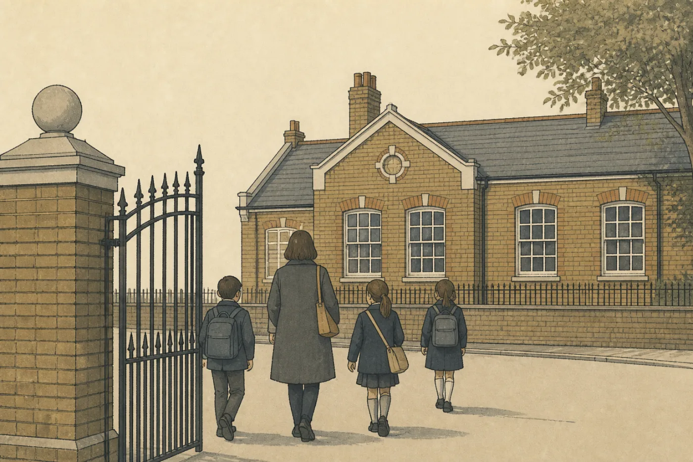 The iron gate of a Victorian board school in the morning, a few figures crossing toward it