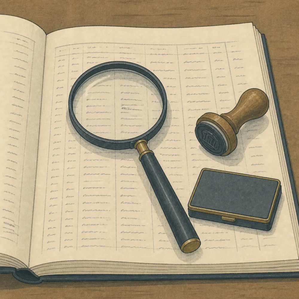 A magnifying glass on an open ledger page, a rubber stamp lying unused beside it